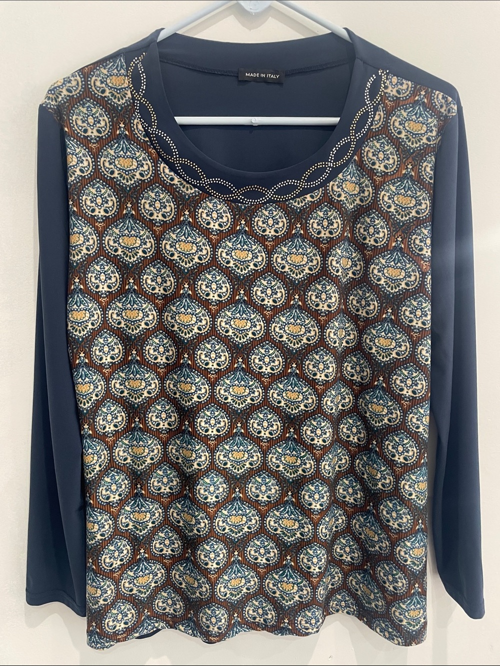 TGU Made in Italy Navy Multi Pattern Sequin Long Sleeve Blouse Top M